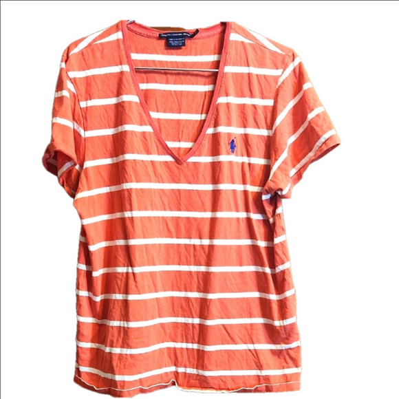 Ralph Lauren Tops - Ralph Lauren Sport Women's Orange Striped Deep V-Neck Top Size XL